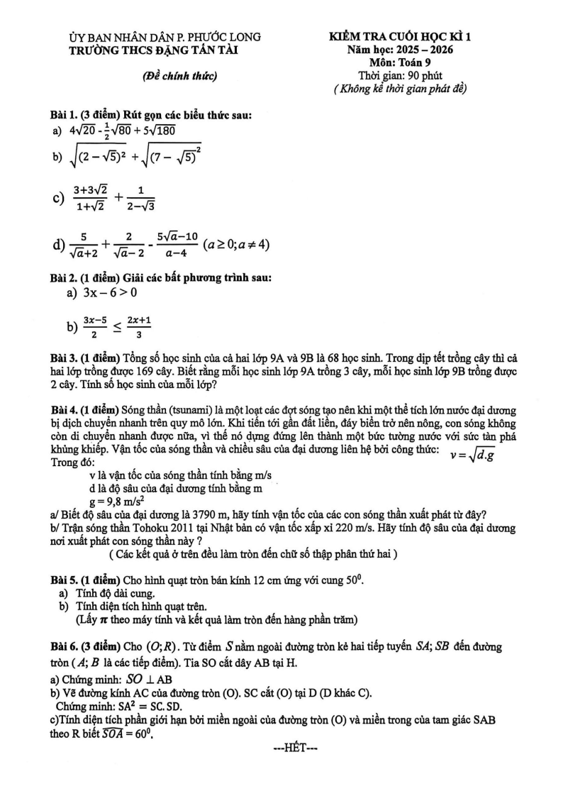 Đề thi Học kì 1 Toán 9 trường THCS Đặng Tấn Tài (Tp.HCM) năm 2025-2026