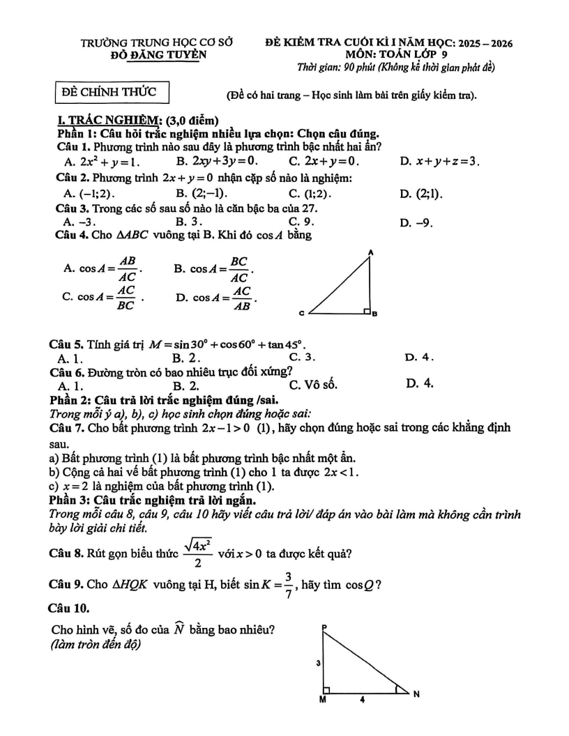 Đề thi Học kì 1 Toán 9 trường THCS Đỗ Đăng Tuyển năm 2025-2026