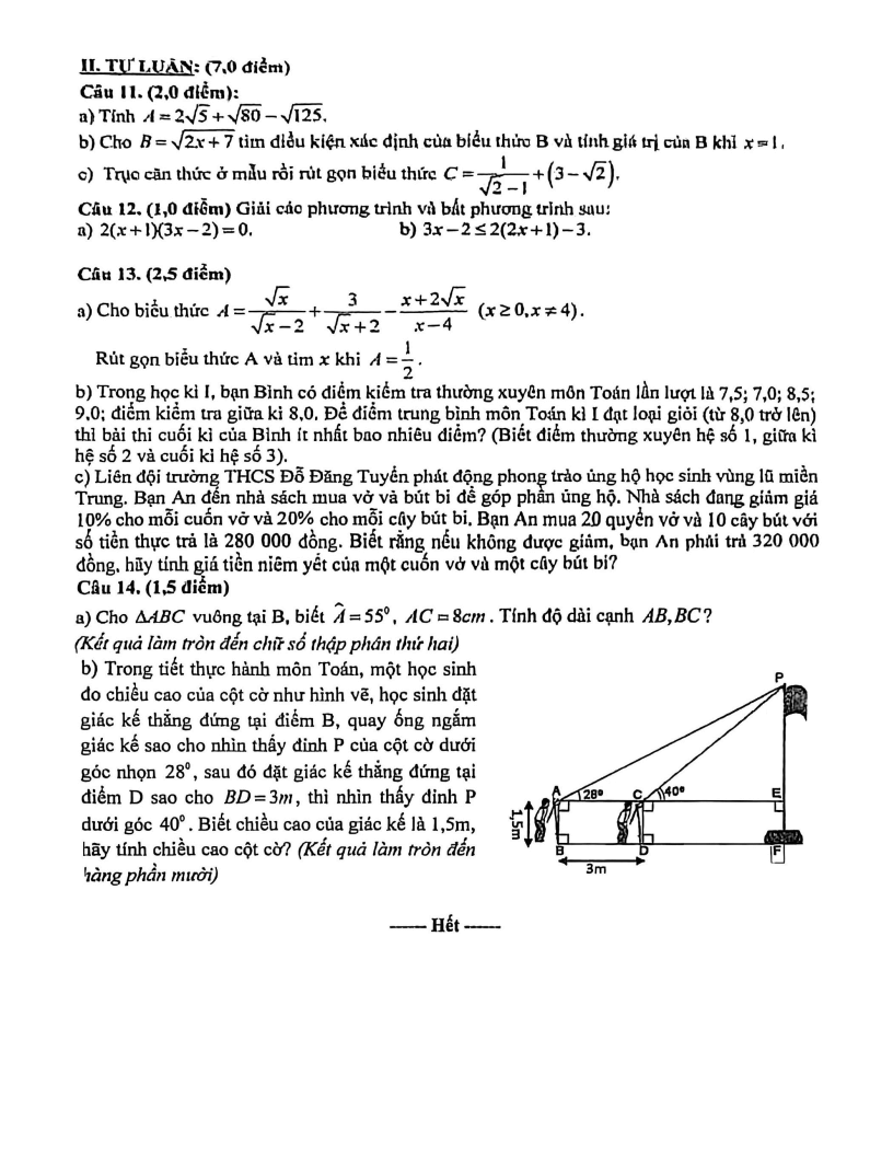 Đề thi Học kì 1 Toán 9 trường THCS Đỗ Đăng Tuyển năm 2025-2026