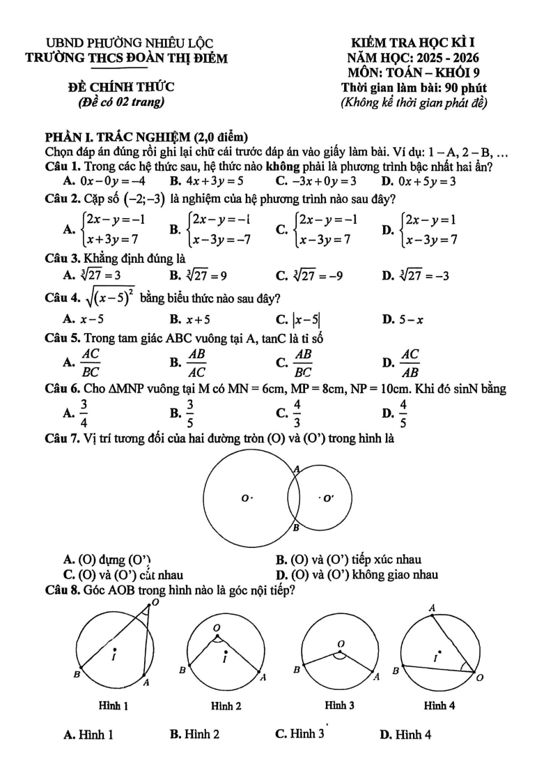 Đề thi Học kì 1 Toán 9 trường THCS Đoàn Thị Điểm (Tp.HCM) năm 2025-2026