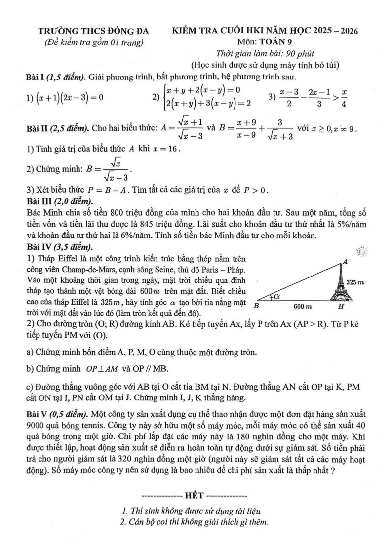 Đề thi Học kì 1 Toán 9 trường THCS Đống Đa năm 2025-2026