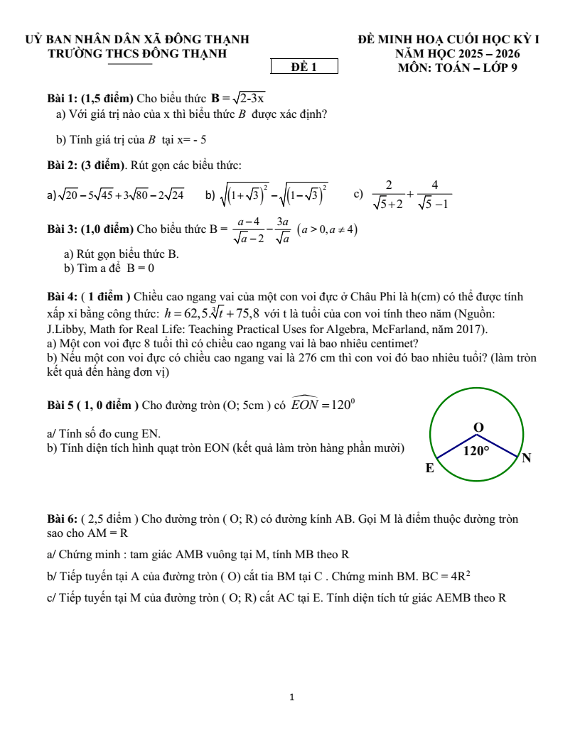 Đề thi Học kì 1 Toán 9 trường THCS Đông Thạnh năm 2025-2026