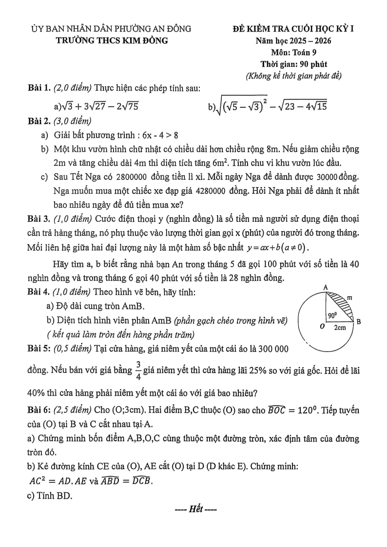Đề thi Học kì 1 Toán 9 trường THCS Kim Đồng (Tp.HCM) năm 2025-2026