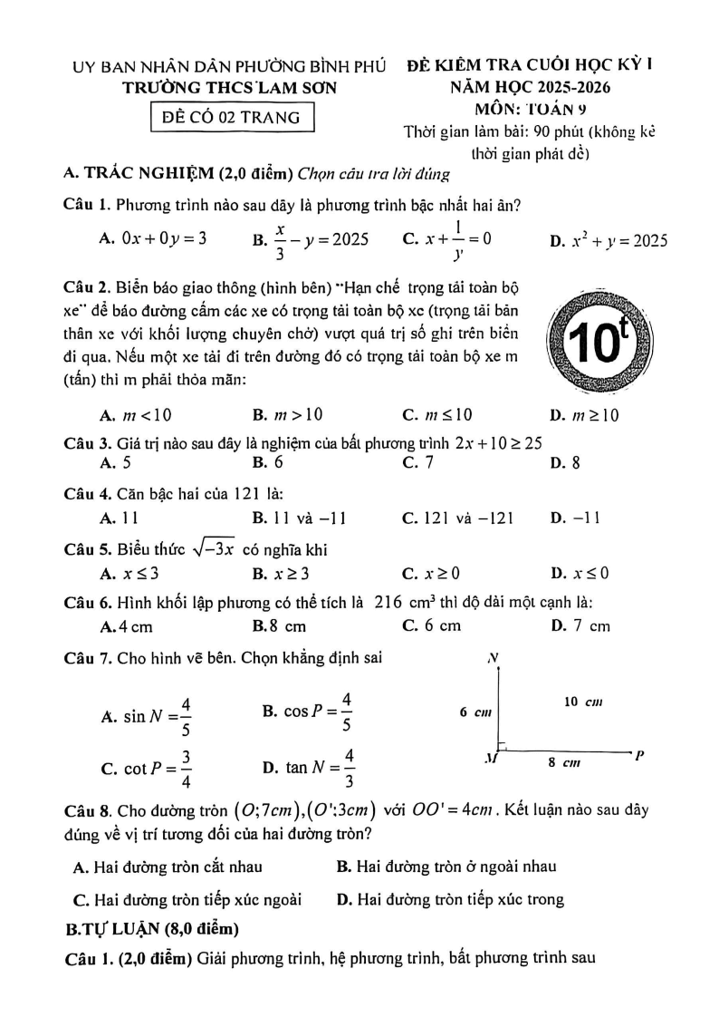 Đề thi Học kì 1 Toán 9 trường THCS Lam Sơn (Tp.HCM) năm 2025-2026