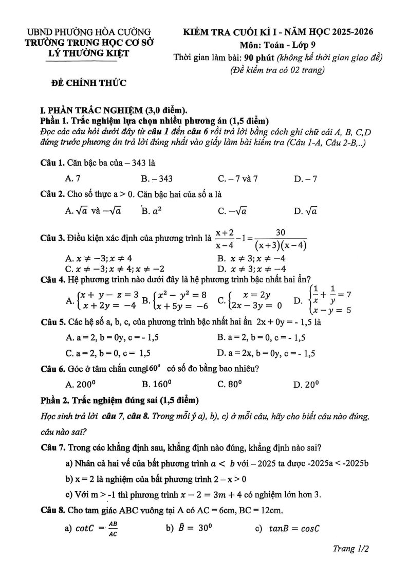Đề thi Học kì 1 Toán 9 trường THCS Lý Thường Kiệt (Đà Nẵng) năm 2025-2026