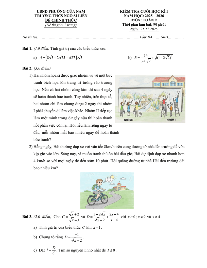 Đề thi Học kì 1 Toán 9 trường THCS Ngô Sĩ Liên (Hà Nội) năm 2025-2026