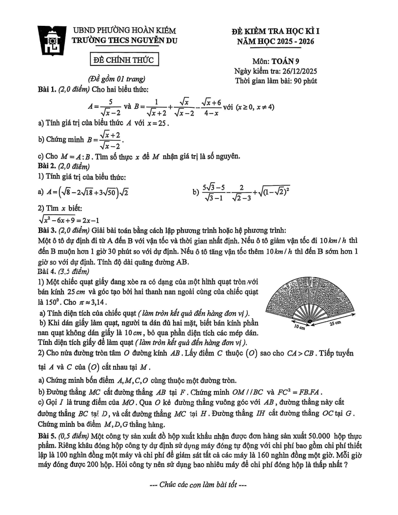 Đề thi Học kì 1 Toán 9 trường THCS Nguyễn Du (Hà Nội) năm 2025-2026
