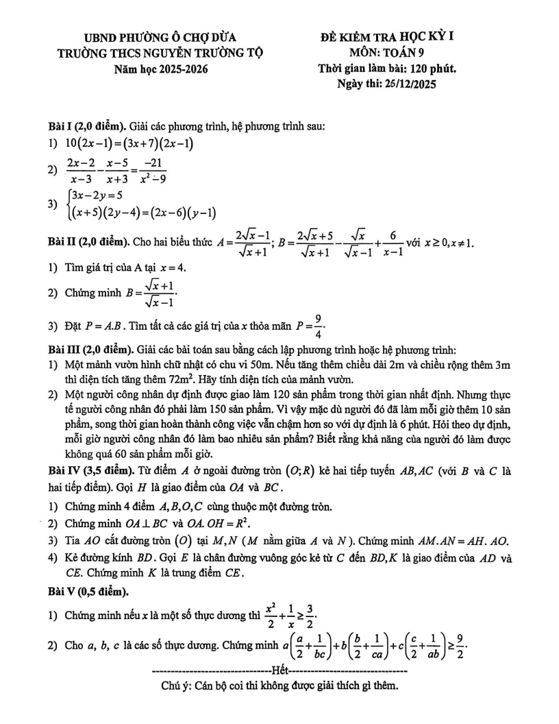 Đề thi Học kì 1 Toán 9 trường THCS Nguyễn Trường Tộ (Hà Nội) năm 2025-2026