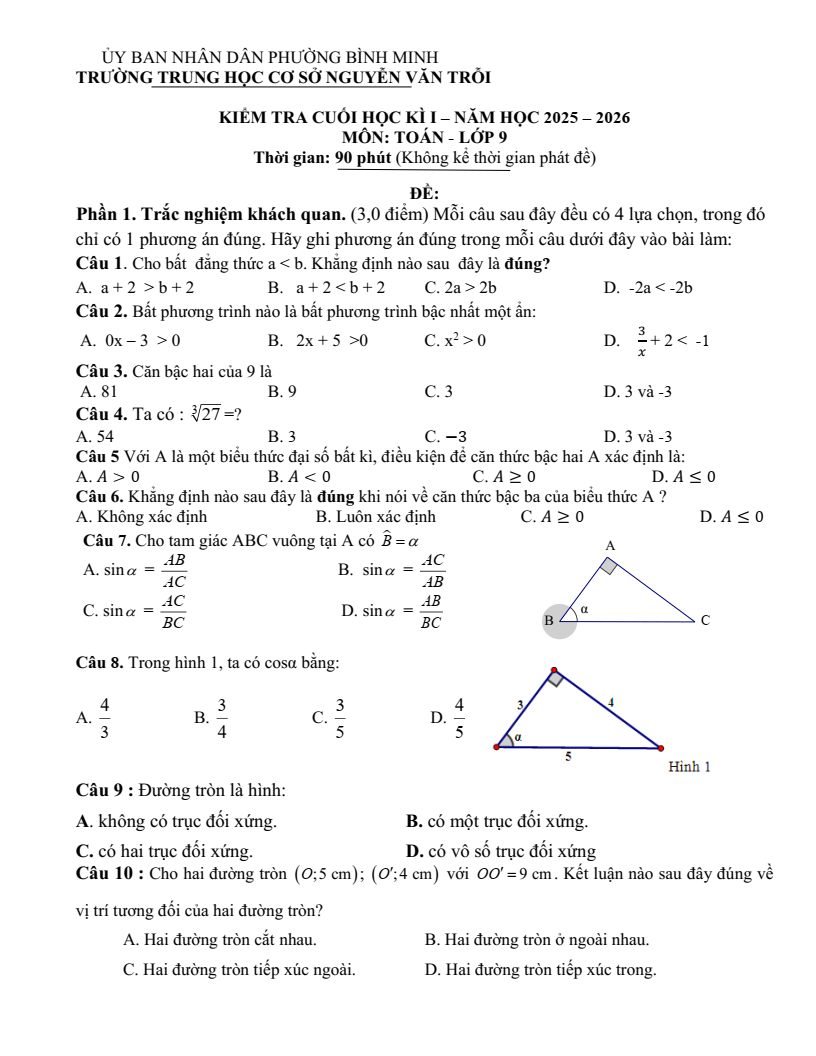 Đề thi Học kì 1 Toán 9 trường THCS Nguyễn Văn Trỗi (Tây Ninh) năm 2025-2026