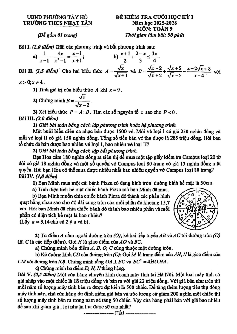 Đề thi Học kì 1 Toán 9 trường THCS Nhật Tân (Hà Nội) năm 2025-2026