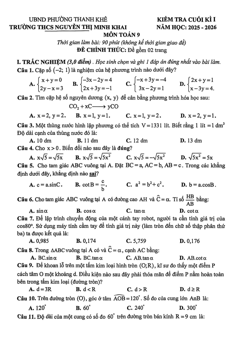 Đề thi Học kì 1 Toán 9 trường THCS Nguyễn Thị Minh Khai (Đà Nẵng) năm 2025-2026