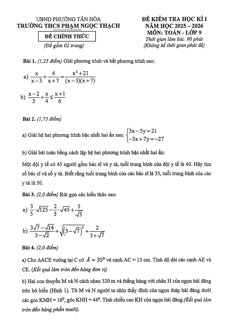 Đề thi Học kì 1 Toán 9 trường THCS Phạm Ngọc Thạch năm 2025-2026