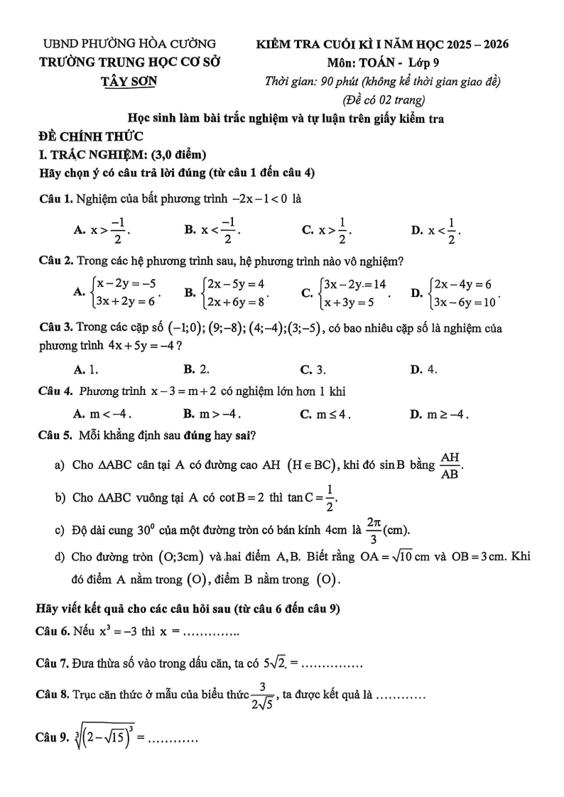 Đề thi Học kì 1 Toán 9 trường THCS Tây Sơn (Đà Nẵng) năm 2025-2026