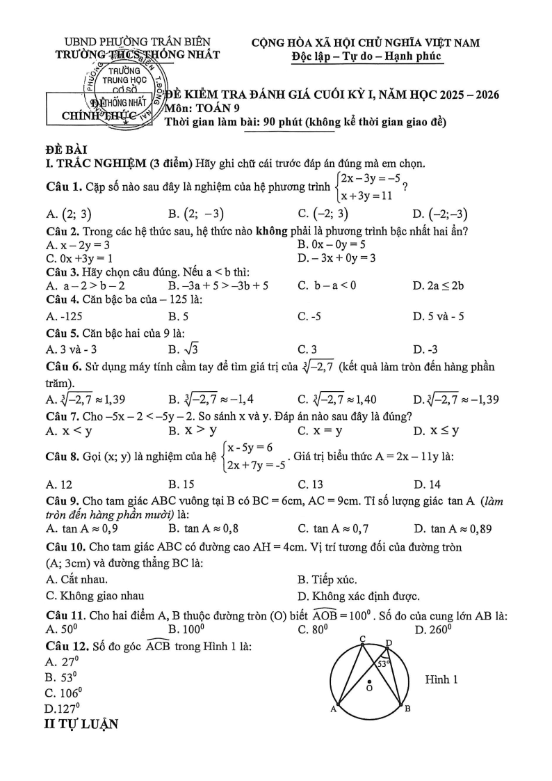 Đề thi Học kì 1 Toán 9 trường THCS Thống Nhất (Đồng Nai) năm 2025-2026