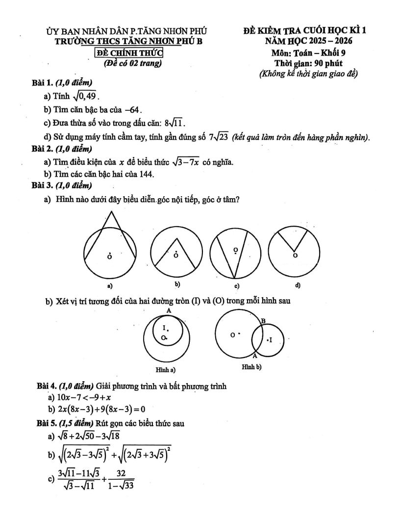 Đề thi Học kì 1 Toán 9 trường THCS Tăng Nhơn Phú B (Tp.HCM) năm 2025-2026