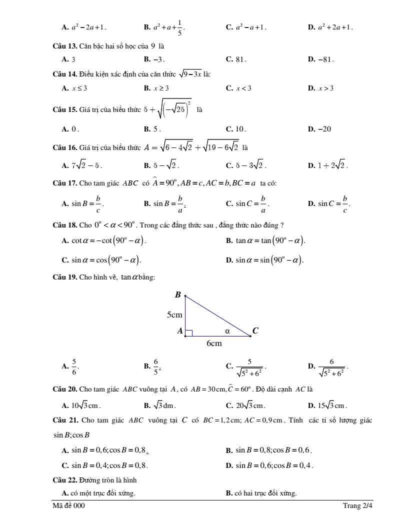 Đề thi Học kì 1 Toán 9 trường TH&THCS Đông Giang (Hưng Yên) năm 2025-2026