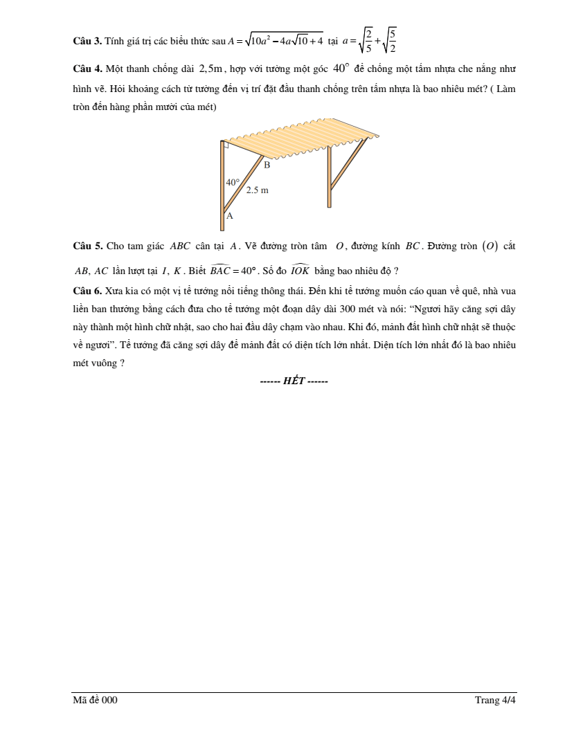 Đề thi Học kì 1 Toán 9 trường TH&THCS Đông Giang (Hưng Yên) năm 2025-2026