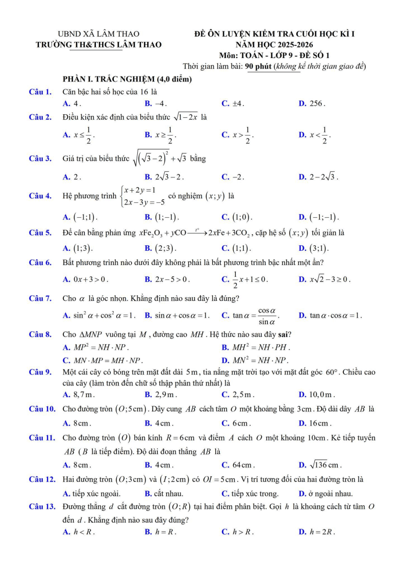 Đề thi Học kì 1 Toán 9 trường TH&THCS Lâm Thao (Bắc Ninh) năm 2025-2026