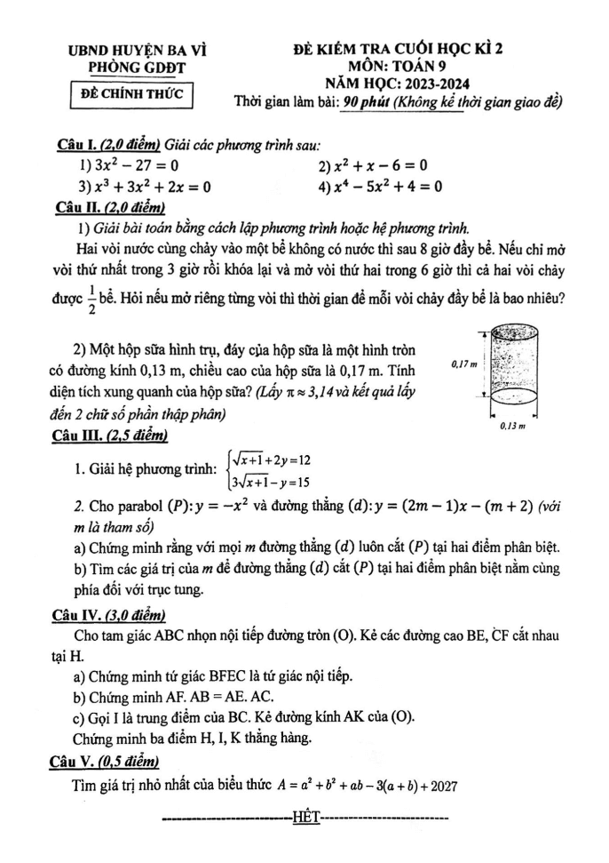 Đề thi Học kì 2 Toán 9 năm 2023-2024 phòng GD&ĐT Ba Vì (Hà Nội)