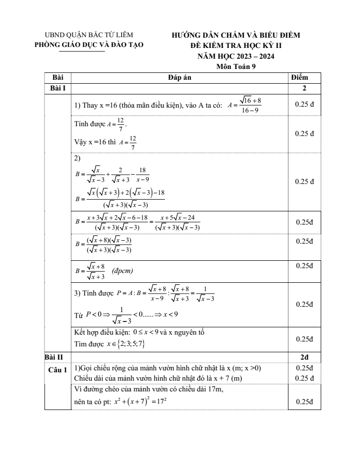 Đề thi Học kì 2 Toán 9 năm 2023-2024 phòng GD&ĐT Bắc Từ Liêm (Hà Nội)