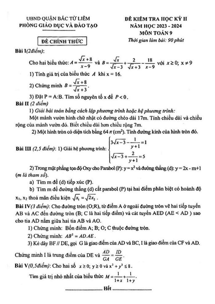 Đề thi Học kì 2 Toán 9 năm 2023-2024 phòng GD&ĐT Bắc Từ Liêm (Hà Nội)
