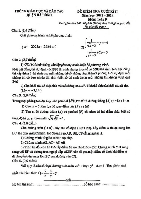 Đề thi Học kì 2 Toán 9 năm 2023-2024 phòng GD&ĐT Hà Đông (Hà Nội)