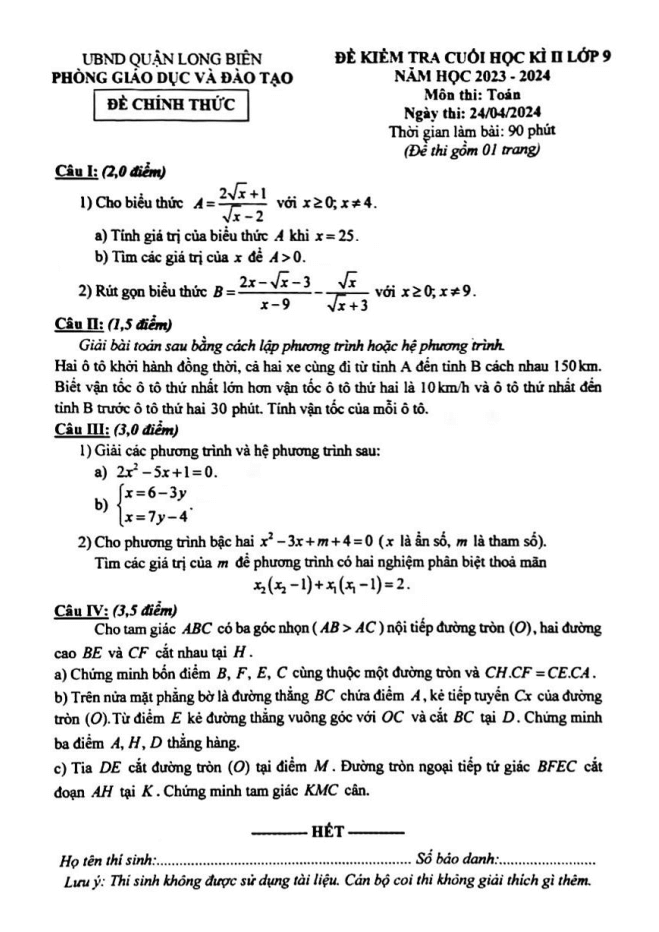 Đề thi Học kì 2 Toán 9 năm 2023-2024 phòng GD&ĐT Long Biên (Hà Nội)