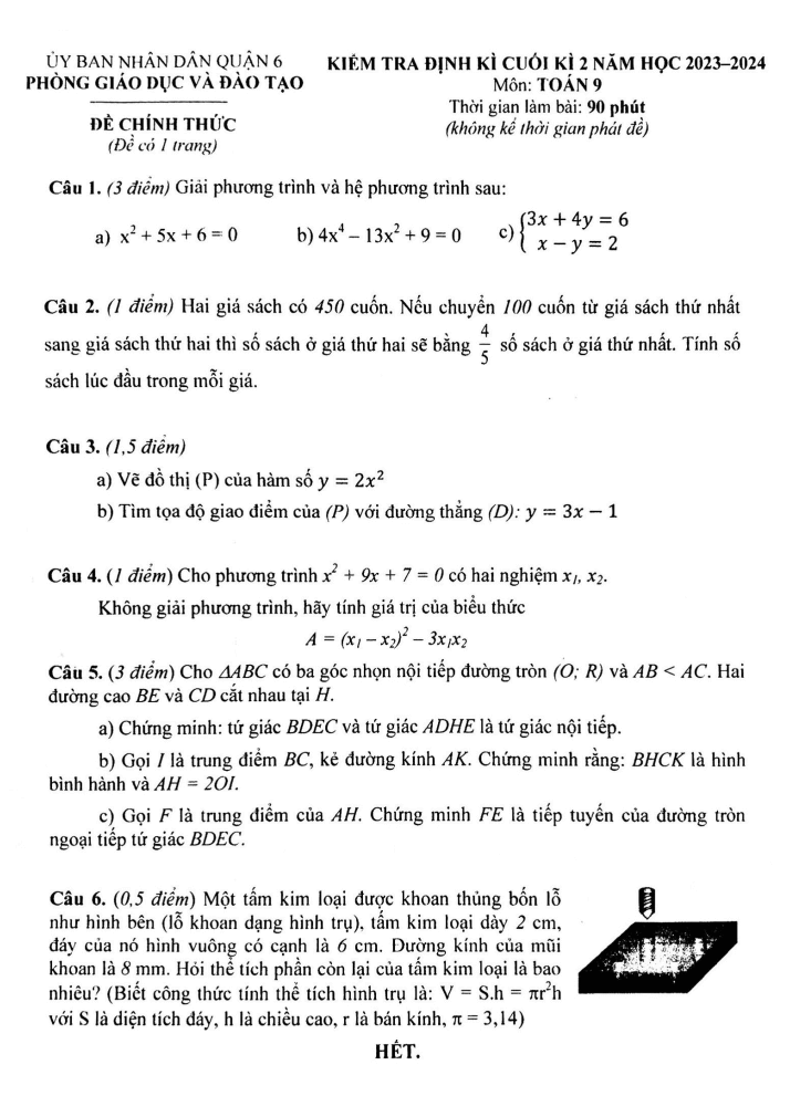 Đề thi Học kì 2 Toán 9 năm 2023-2024 phòng GD&ĐT quận 6 (Tp. HCM)