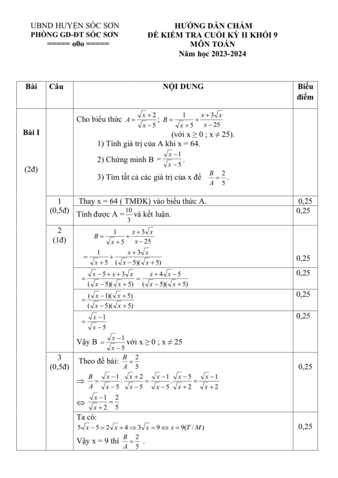 Đề thi Học kì 2 Toán 9 năm 2023-2024 phòng GD&ĐT Sóc Sơn (Hà Nội)