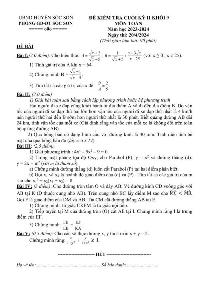 Đề thi Học kì 2 Toán 9 năm 2023-2024 phòng GD&ĐT Sóc Sơn (Hà Nội)