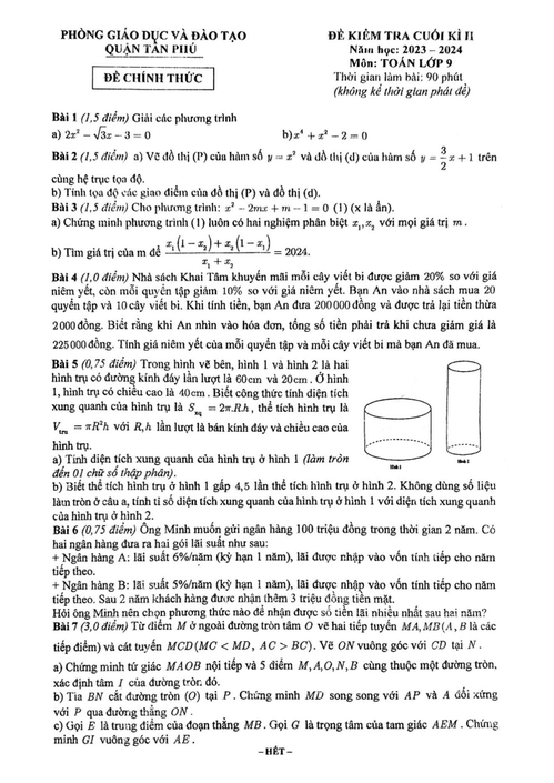 Đề thi Học kì 2 Toán 9 năm 2023-2024 phòng GD&ĐT Tân Phú (Tp. HCM)