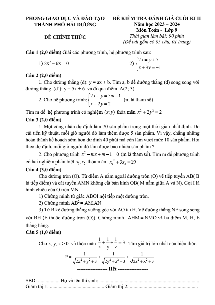 Đề thi Học kì 2 Toán 9 năm 2023-2024 phòng GD&ĐT thành phố Hải Dương