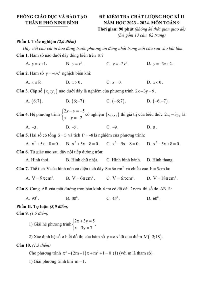 Đề thi Học kì 2 Toán 9 năm 2023-2024 phòng GD&ĐT thành phố Ninh Bình