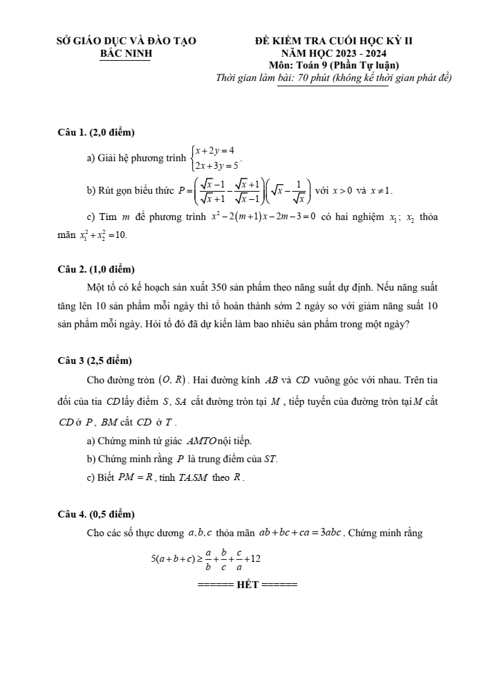Đề thi Học kì 2 Toán 9 năm 2023-2024 sở GD&ĐT Bắc Ninh