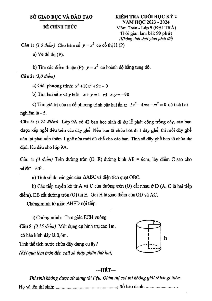 Đề thi Học kì 2 Toán 9 năm 2023-2024 sở GD&ĐT Bình Dương