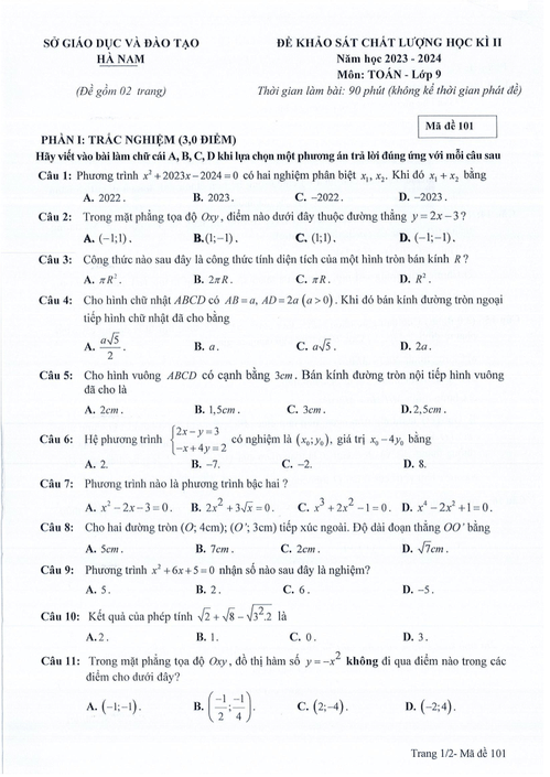 Đề thi Học kì 2 Toán 9 năm 2023-2024 sở GD&ĐT Hà Nam