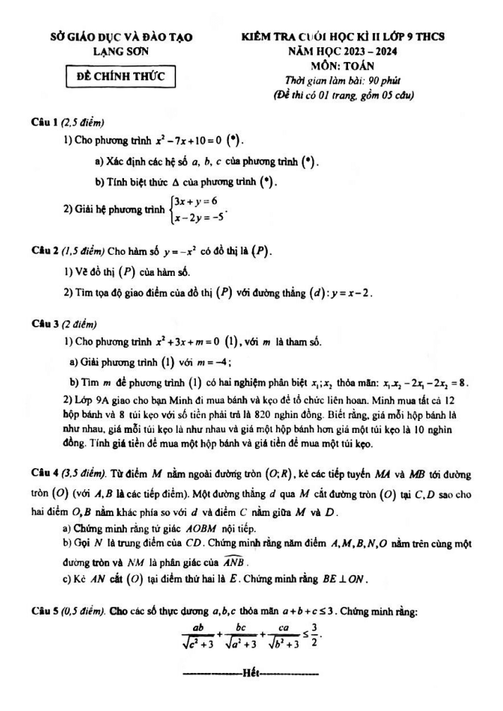 Đề thi Học kì 2 Toán 9 năm 2023-2024 sở GD&ĐT Lạng Sơn