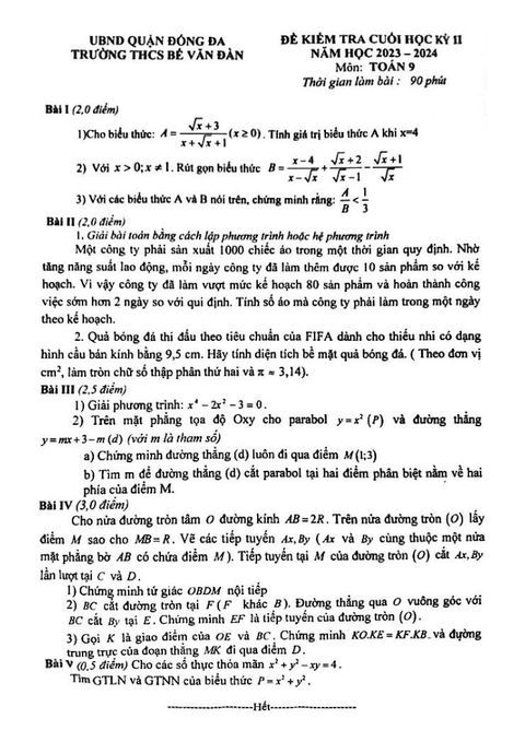 Đề thi Học kì 2 Toán 9 năm 2023-2024 trường THCS Bế Văn Đàn (Hà Nội)