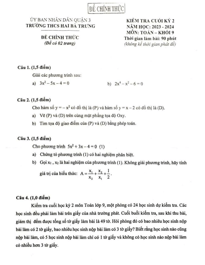 Đề thi Học kì 2 Toán 9 năm 2023-2024 trường THCS Hai Bà Trưng (Tp. HCM)