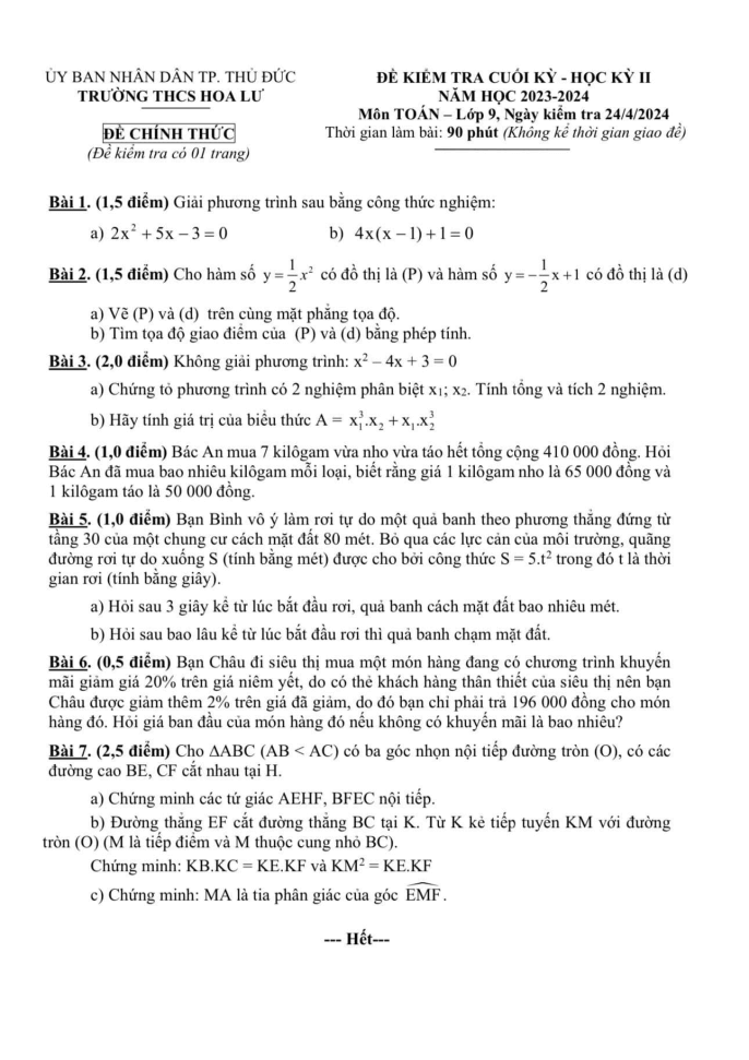 Đề thi Học kì 2 Toán 9 năm 2023-2024 trường THCS Hoa Lư (Tp. HCM)