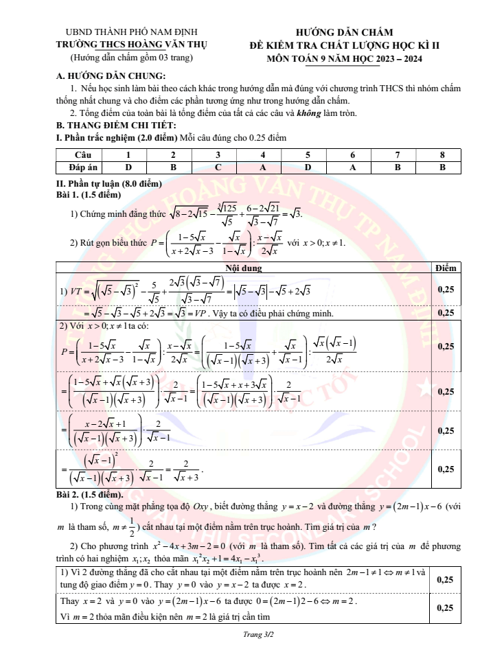 Đề thi Học kì 2 Toán 9 năm 2023-2024 trường THCS Hoàng Văn Thụ (Nam Định)