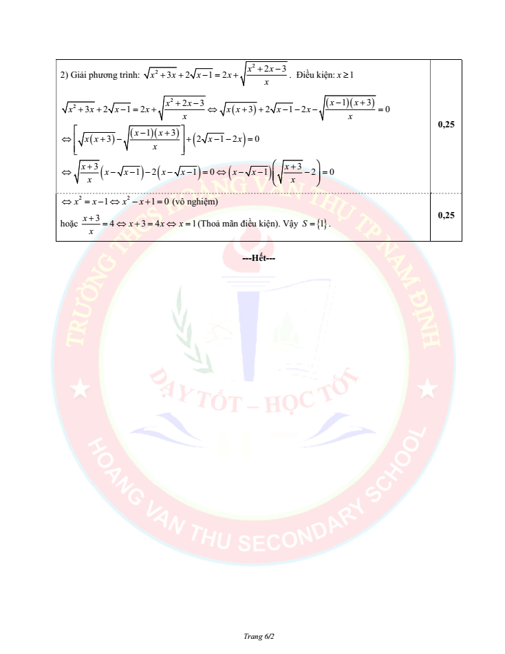 Đề thi Học kì 2 Toán 9 năm 2023-2024 trường THCS Hoàng Văn Thụ (Nam Định)