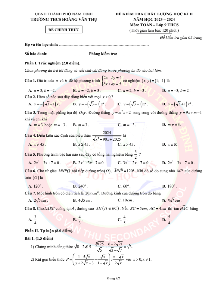 Đề thi Học kì 2 Toán 9 năm 2023-2024 trường THCS Hoàng Văn Thụ (Nam Định)