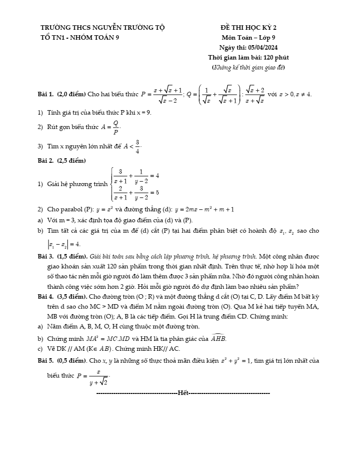 Đề thi Học kì 2 Toán 9 năm 2023-2024 trường THCS Nguyễn Trường Tộ (Hà Nội)