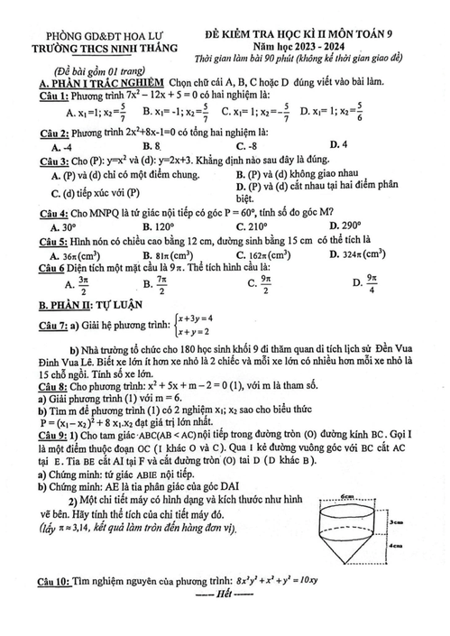 Đề thi Học kì 2 Toán 9 năm 2023-2024 trường THCS Ninh Thắng (Ninh Bình)