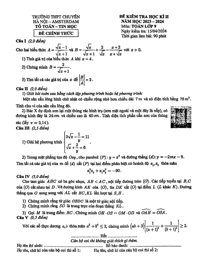 Đề thi Học kì 2 Toán 9 năm 2023-2024 trường THPT chuyên Hà Nội – Amsterdam