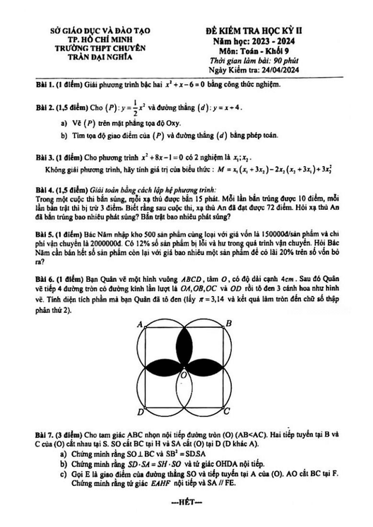 Đề thi Học kì 2 Toán 9 năm 2023-2024 trường chuyên Trần Đại Nghĩa (Tp. HCM)