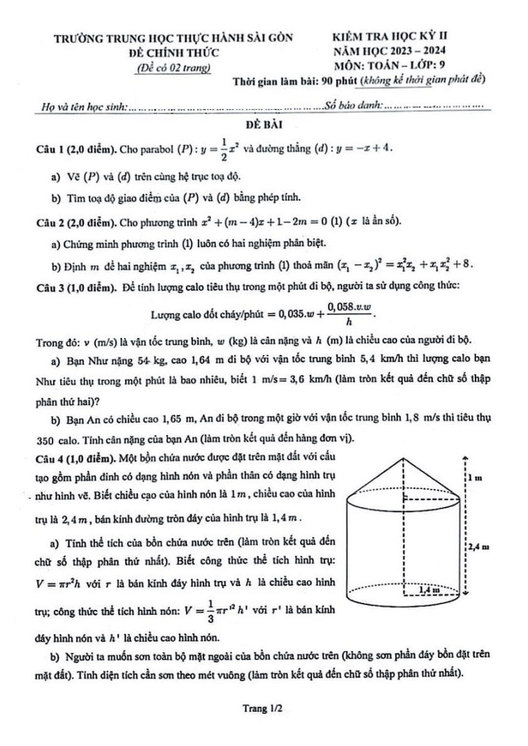 Đề thi Học kì 2 Toán 9 năm 2023-2024 trường Thực hành Sài Gòn (Tp. HCM)