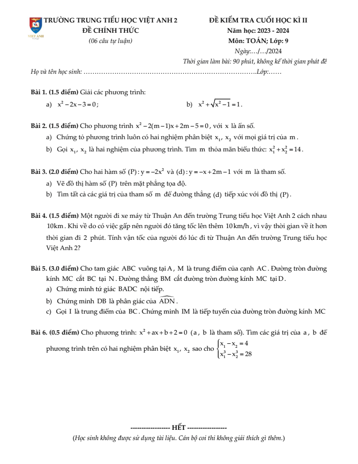 Đề thi Học kì 2 Toán 9 năm 2023-2024 trường Việt Anh 2 (Bình Dương)