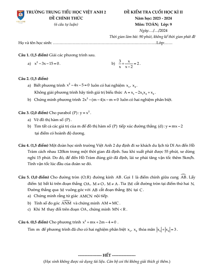 Đề thi Học kì 2 Toán 9 năm 2023-2024 trường Việt Anh 2 (Bình Dương)